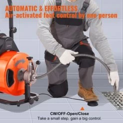 VEVOR Drain Cleaner Machine 100 FT X 1/2 Inch, Sewer Auger Auto Feed With 4 Cutter & Air-activated Foot Switch For 1" To 4" Pipes, Orange, Black -Cleaning Supply Store GUEST 03863a8f 3d8f 4c6d b42f 2c3d06636b74
