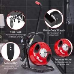 Acekool Electric Drain Cleaner Auger With Auto Feed, Pneumatic Foot Switch, 4 Interchangeable Cutters For 1" To 4" Pipes