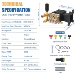 4400 PSI High-Pressure Water Pump, 4 GPM Flow Rate, 1" Shaft Horizontal Plunger Design, Universal Replacement