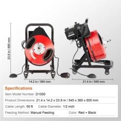 VEVOR Drain Cleaner Machine 50FT X 1/2 Inch, Manual Feed Sewer Snake Auger - With Wheels, 4 Cutters & Air-activated Foot Switch, Red -Cleaning Supply Store GUEST 137f56c0 9fa3 4590 a0be b2cdd87b7c63