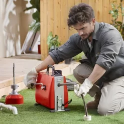 VEVOR 66FT X 5/8 Inch Drain Cleaner Machine, 250W Electric Sewer Snake Auger Manual Feed - With 7 Cutters, 2 Steel Cables, Red