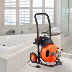 VEVOR Drain Cleaning Machine 75FT X 3/8 Inch, Sewer Snake Machine Auto Feed, Drain Auger Cleaner With 4 Cutter & Air-Activated Foot Switch, Orange