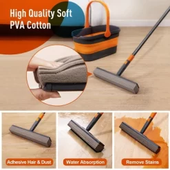 NAYSAYE Cleaning Tool Sponge Mop Kit With Collapsible Bucket For Hands Free Floor Cleaning, Black And Orange, 17.32"*9.76"*4.53"