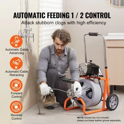 VEVOR Drain Cleaner Machine 100FT X 3/8 Inch, Auto Feed Sewer Snake Drain Auger On Wheels, Portable Drain Cleaning Machine, Gray 4 VEVOR Drain Cleaner Machine 100FT X 3/8 Inch, Auto Feed Sewer Snake Drain Auger On Wheels, Portable Drain Cleaning Machine, Gray - Image 2