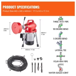 VEVOR Drain Cleaner Machine 66FT X 5/8 Inch, 250W Electric Sewer Snake Auger Manual Feed - With 2 Sectional Steel Cables, Red -Cleaning Supply Store GUEST 2ae6e0c4 7adf 4087 9045 b808900106a6