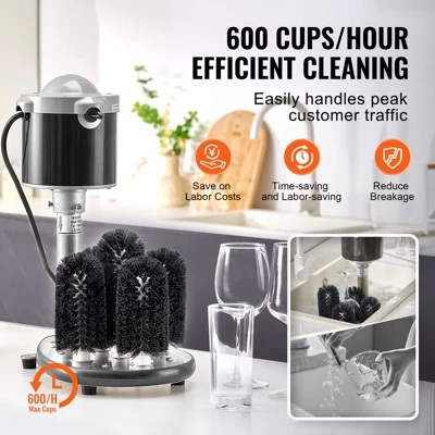 VEVOR Electric Commercial Glass Washer, 5-Brush Bar Glass Cleaner, 600 Cups/Hour Wine Glass Cleaning Machine, Bar Glass Washer, Black 4 VEVOR Electric Commercial Glass Washer, 5-Brush Bar Glass Cleaner, 600 Cups/Hour Wine Glass Cleaning Machine, Bar Glass Washer, Black - Image 2