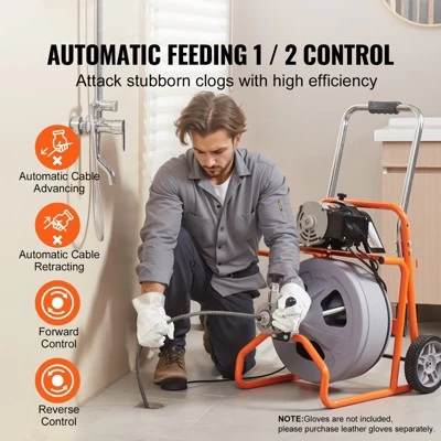 VEVOR Drain Cleaner Machine 75FT X 1/2 Inch, Auto Feed Sewer Snake Drain Auger On Wheels, Portable Drain Cleaning Machine, Gray 4 VEVOR Drain Cleaner Machine 75FT X 1/2 Inch, Auto Feed Sewer Snake Drain Auger On Wheels, Portable Drain Cleaning Machine, Gray - Image 2