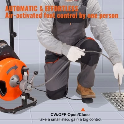 VEVOR Drain Cleaning Machine 75FT X 3/8 Inch, Sewer Snake Machine Auto Feed, Drain Auger Cleaner With 4 Cutter & Air-Activated Foot Switch, Orange 6 VEVOR Drain Cleaning Machine 75FT X 3/8 Inch, Sewer Snake Machine Auto Feed, Drain Auger Cleaner With 4 Cutter & Air-Activated Foot Switch, Orange - Image 4