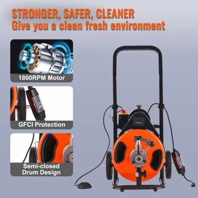 VEVOR Drain Cleaning Machine 50 FT X 3/8 Inch, Sewer Snake Machine Auto Feed, Drain Auger Cleaner With 4 Cutter & Air-Activated Foot Switch, Orange 8 VEVOR Drain Cleaning Machine 50 FT X 3/8 Inch, Sewer Snake Machine Auto Feed, Drain Auger Cleaner With 4 Cutter & Air-Activated Foot Switch, Orange - Image 6