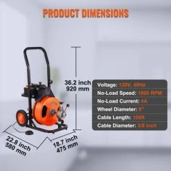 VEVOR Drain Cleaning Machine 100FT X 3/8 Inch, Sewer Snake Machine Auto Feed, Drain Auger Cleaner For 2" To 4" Pipes, Orange, Black -Cleaning Supply Store GUEST 65896920 73e2 4418 b06e 413aa17229cf
