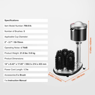 VEVOR Electric Commercial Glass Washer, 5-Brush Bar Glass Cleaner, 600 Cups/Hour Wine Glass Cleaning Machine, Bar Glass Washer, Black 9 VEVOR Electric Commercial Glass Washer, 5-Brush Bar Glass Cleaner, 600 Cups/Hour Wine Glass Cleaning Machine, Bar Glass Washer, Black - Image 7