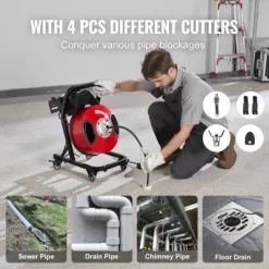 VEVOR Drain Cleaner Machine 50FT X 1/2 Inch, Manual Feed Sewer Snake Auger - With Wheels, 4 Cutters & Air-activated Foot Switch, Red -Cleaning Supply Store GUEST 7131cc49 fefe 4c87 af91 2763ff0d1e5e