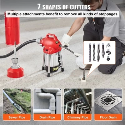 VEVOR Drain Cleaner Machine 120FT X 5/8 Inch, 370W Electric Sewer Snake Auger Manual Feed - With 2 Sectional Steel Cables, Red 6 VEVOR Drain Cleaner Machine 120FT X 5/8 Inch, 370W Electric Sewer Snake Auger Manual Feed - With 2 Sectional Steel Cables, Red - Image 4