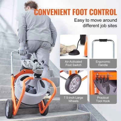 VEVOR Drain Cleaner Machine 100FT X 3/8 Inch, Auto Feed Sewer Snake Drain Auger On Wheels, Portable Drain Cleaning Machine, Gray 8 VEVOR Drain Cleaner Machine 100FT X 3/8 Inch, Auto Feed Sewer Snake Drain Auger On Wheels, Portable Drain Cleaning Machine, Gray - Image 6