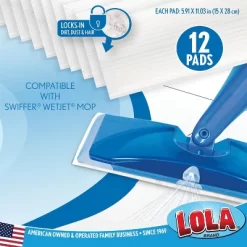 Lola Products Wet Jet Refills, Compatible W/ Swiffer Wet Jet Mop, Floor Cleaner Pads - Hardwood, Linoleum, Laminate, Marble & Vinyl - 12 Pads