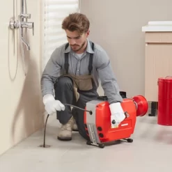 VEVOR 120FT X 7/8 Inch Drain Cleaner Machine, 420W Electric Sewer Snake Auger Manual Feed - With 6 Cutters, 2 Steel Cables, Red