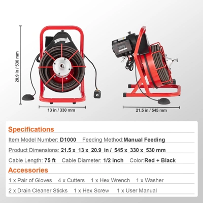 VEVOR Drain Cleaner Machine 75FT X 1/2 Inch, Sewer Snake Auger Manual Feed, 370W Electric Drain Cleaning Machine, Red 9 VEVOR Drain Cleaner Machine 75FT X 1/2 Inch, Sewer Snake Auger Manual Feed, 370W Electric Drain Cleaning Machine, Red - Image 7