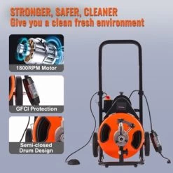 VEVOR Drain Cleaning Machine 50 FT X 1/2 Inch, Sewer Auger Auto Feed With 4 Cutter & Air-activated Foot Switch For 1" To 4" Pipes, Orange, Black -Cleaning Supply Store GUEST 977f110e 94d5 41f2 94c8 6303f31a6cbc