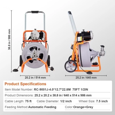 VEVOR Drain Cleaner Machine 75FT X 1/2 Inch, Auto Feed Sewer Snake Drain Auger On Wheels, Portable Drain Cleaning Machine, Gray 9 VEVOR Drain Cleaner Machine 75FT X 1/2 Inch, Auto Feed Sewer Snake Drain Auger On Wheels, Portable Drain Cleaning Machine, Gray - Image 7