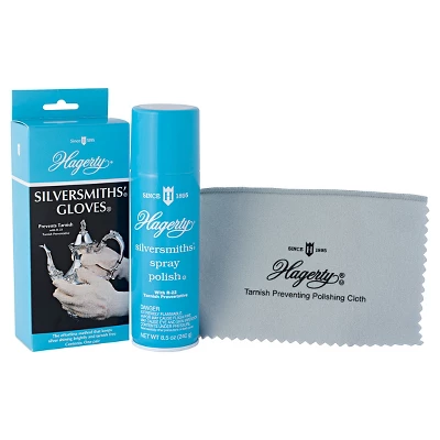 Hagerty Silversmiths' Spray Polish And Gloves 3 Piece. Set With R-22 Tarnish Preventative 3 Hagerty Silversmiths' Spray Polish And Gloves 3 Piece. Set With R-22 Tarnish Preventative