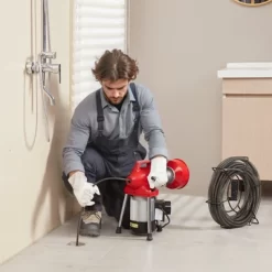 VEVOR Drain Cleaner Machine 66FT X 5/8 Inch, 250W Electric Sewer Snake Auger Manual Feed - With 2 Sectional Steel Cables, Red