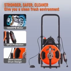 VEVOR Drain Cleaner Machine 100 FT X 1/2 Inch, Sewer Auger Auto Feed With 4 Cutter & Air-activated Foot Switch For 1" To 4" Pipes, Orange, Black -Cleaning Supply Store GUEST c1927226 b65a 4ec4 8336 84986ca6c867