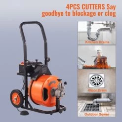 VEVOR Drain Cleaning Machine 75 FT X 1/2 Inch, Sewer Auger Auto Feed With 4 Cutter & Air-activated Foot Switch For 1" To 4" Pipes, Orange, Black -Cleaning Supply Store GUEST c635bf0b fdcd 4cab 867a c6207cfa02c0
