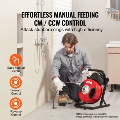 VEVOR Drain Cleaner Machine 50FT X 1/2 Inch, Manual Feed Sewer Snake Auger - With 4 Cutters & Air-activated Foot Switch For 2" To 4" Pipes, Red 4 VEVOR Drain Cleaner Machine 50FT X 1/2 Inch, Manual Feed Sewer Snake Auger - With 4 Cutters & Air-activated Foot Switch For 2" To 4" Pipes, Red - Image 2