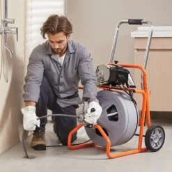 VEVOR Drain Cleaner Machine 100FT X 1/2 Inch, Auto Feed Sewer Snake Drain Auger On Wheels, Portable Drain Cleaning Machine, Orange