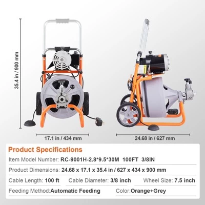 VEVOR Drain Cleaner Machine 100FT X 3/8 Inch, Auto Feed Sewer Snake Drain Auger On Wheels, Portable Drain Cleaning Machine, Gray 9 VEVOR Drain Cleaner Machine 100FT X 3/8 Inch, Auto Feed Sewer Snake Drain Auger On Wheels, Portable Drain Cleaning Machine, Gray - Image 7