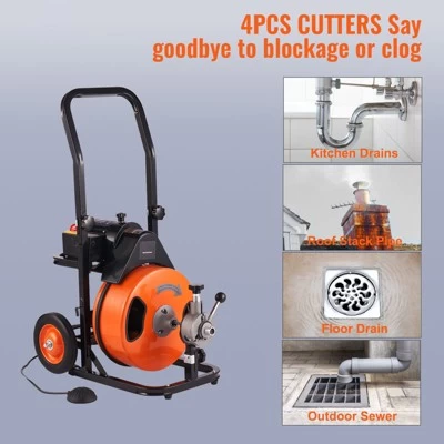 VEVOR Drain Cleaning Machine 75FT X 3/8 Inch, Sewer Snake Machine Auto Feed, Drain Auger Cleaner With 4 Cutter & Air-Activated Foot Switch, Orange 4 VEVOR Drain Cleaning Machine 75FT X 3/8 Inch, Sewer Snake Machine Auto Feed, Drain Auger Cleaner With 4 Cutter & Air-Activated Foot Switch, Orange - Image 2