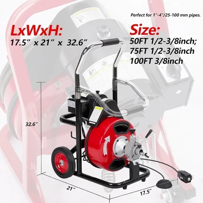 100 Ft X 3/8 Inch Drain Cleaner Machine Electric Drain Auger Auto Feed With Kits 3 100 Ft X 3/8 Inch Drain Cleaner Machine Electric Drain Auger Auto Feed With Kits