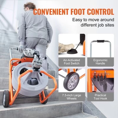 VEVOR Drain Cleaner Machine 100FT X 1/2 Inch, Auto Feed Sewer Snake Drain Auger On Wheels, Portable Drain Cleaning Machine, Orange 8 VEVOR Drain Cleaner Machine 100FT X 1/2 Inch, Auto Feed Sewer Snake Drain Auger On Wheels, Portable Drain Cleaning Machine, Orange - Image 6